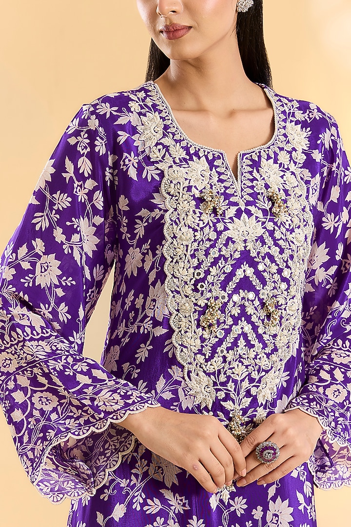 Purple Crepe Hand & Machine Embroidered Kaftan Set by Devika Bhayana at Pernia's Pop Up Shop