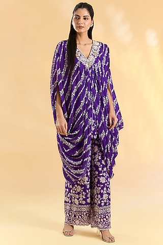 Purple Crepe Palazzo Pant Set by Devika Bhayana