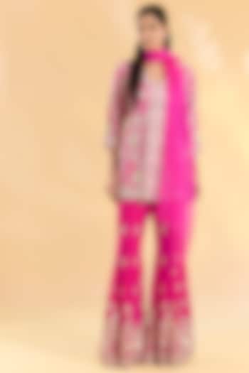 Rani Pink Organza Hand & Machine Embroidered Jacket Set by Devika Bhayana at Pernia's Pop Up Shop