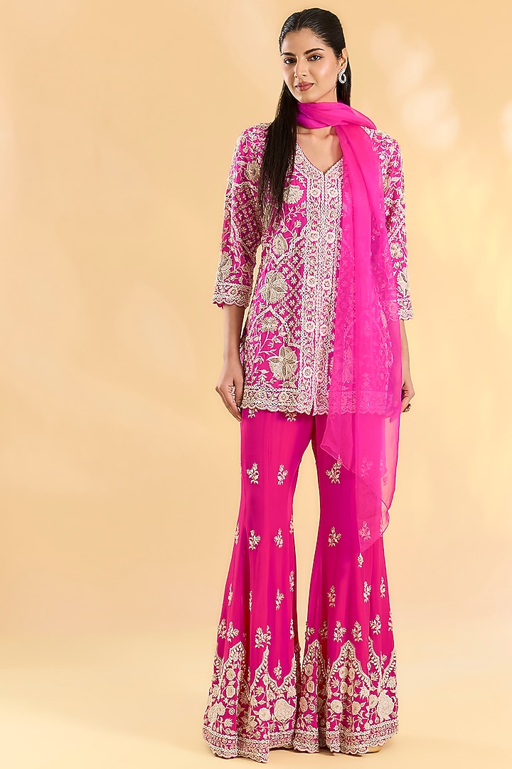 Rani Pink Organza Hand & Machine Embroidered Jacket Set by Devika Bhayana at Pernia's Pop Up Shop
