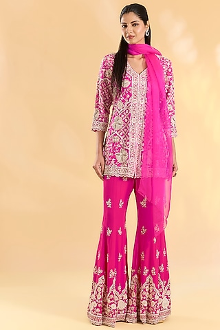 Rani Pink Organza Hand & Machine Embroidered Jacket Set by Devika Bhayana