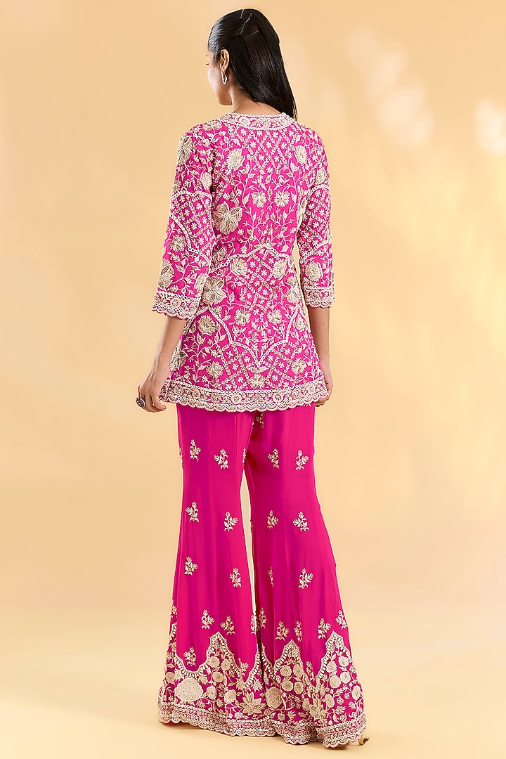 Rani Pink Organza Hand & Machine Embroidered Jacket Set by Devika Bhayana at Pernia's Pop Up Shop