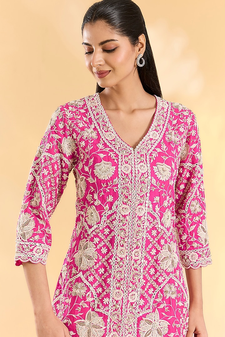 Rani Pink Organza Hand & Machine Embroidered Jacket Set by Devika Bhayana at Pernia's Pop Up Shop