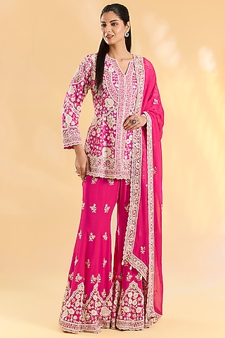 Rani Pink Georgette Sharara Set by Devika Bhayana