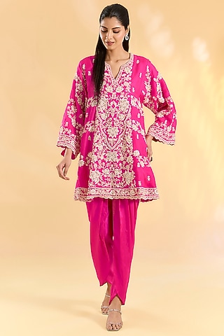 Rani Pink Organza Hand & Machine Embroidered Kurta Set by Devika Bhayana