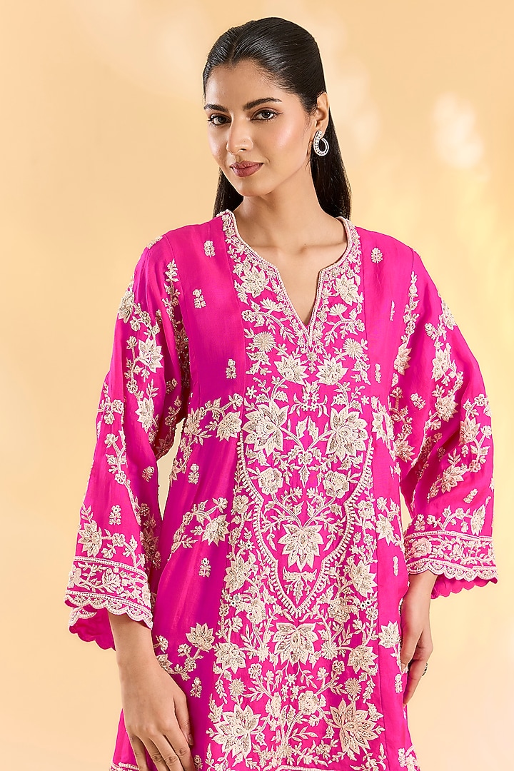 Rani Pink Organza Hand & Machine Embroidered Kurta Set by Devika Bhayana at Pernia's Pop Up Shop