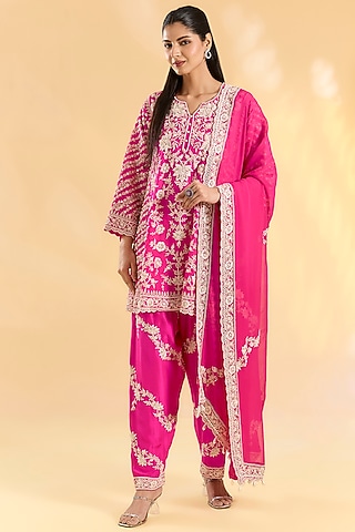 Rani Pink Organza Hand & Machine Embroidered Kurta Set by Devika Bhayana