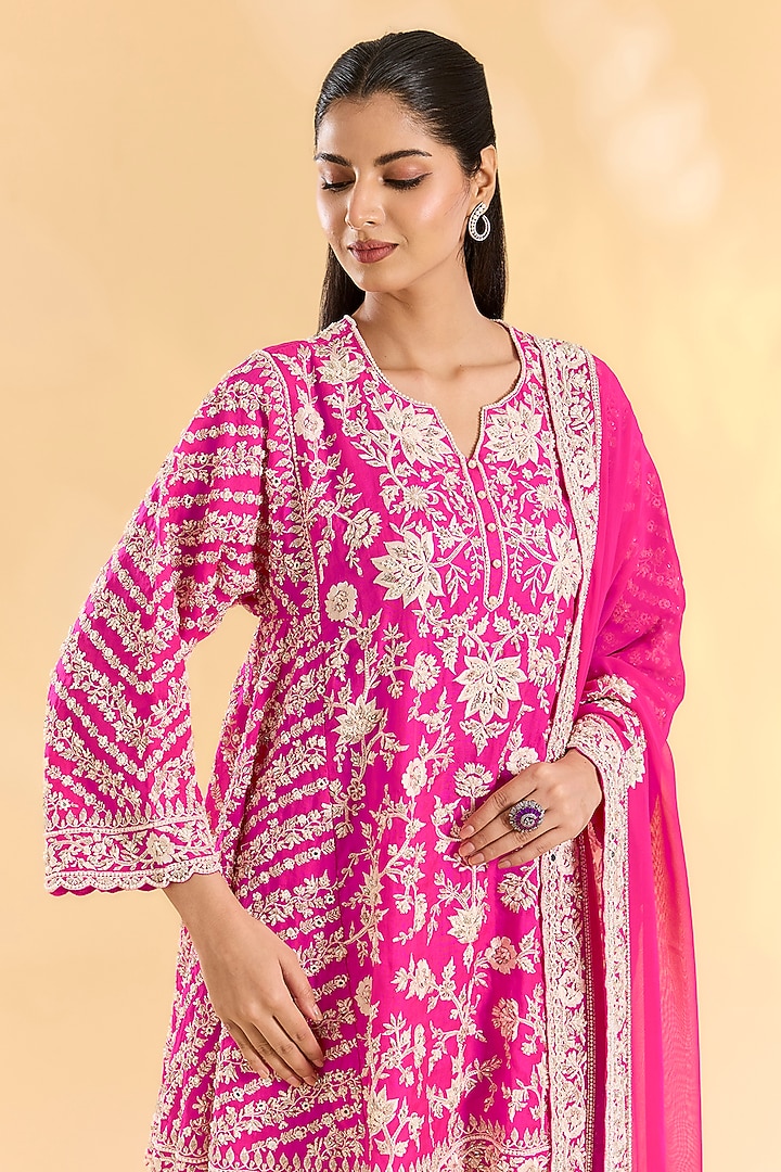 Rani Pink Organza Hand & Machine Embroidered Kurta Set by Devika Bhayana at Pernia's Pop Up Shop
