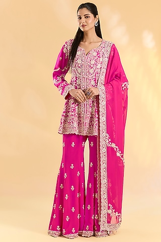 Rani Pink Georgette Sharara Set by Devika Bhayana