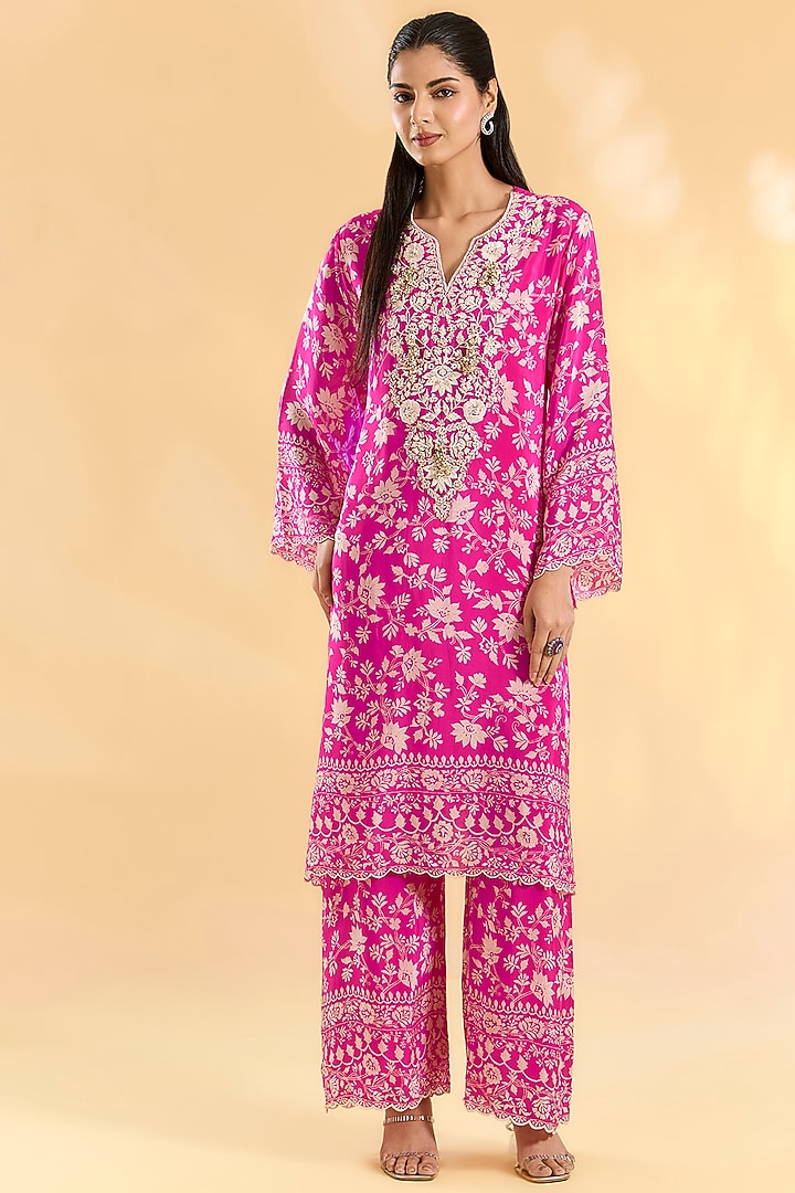 Rani Pink Crepe Hand & Machine Embroidered Kaftan Set by Devika Bhayana at Pernia's Pop Up Shop