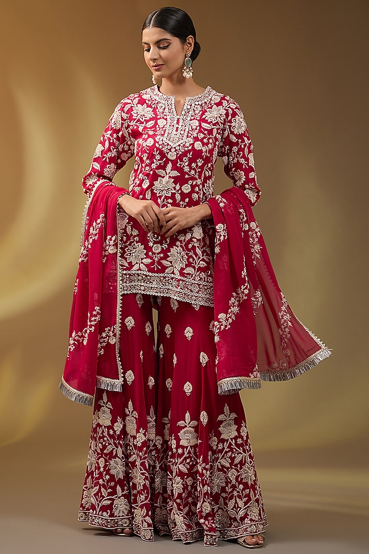 Red Georgette Hand & Machine Embroidered Sharara Set by Devika Bhayana at Pernia's Pop Up Shop