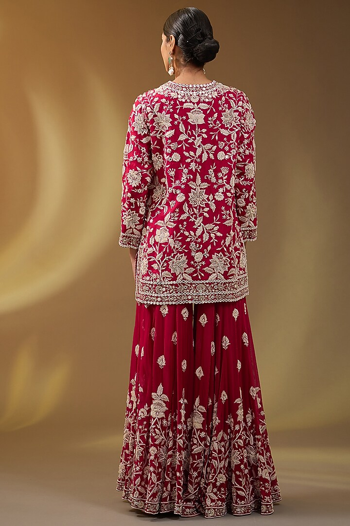 Red Georgette Hand & Machine Embroidered Bridal Sharara Set by Devika Bhayana at Pernia's Pop Up Shop