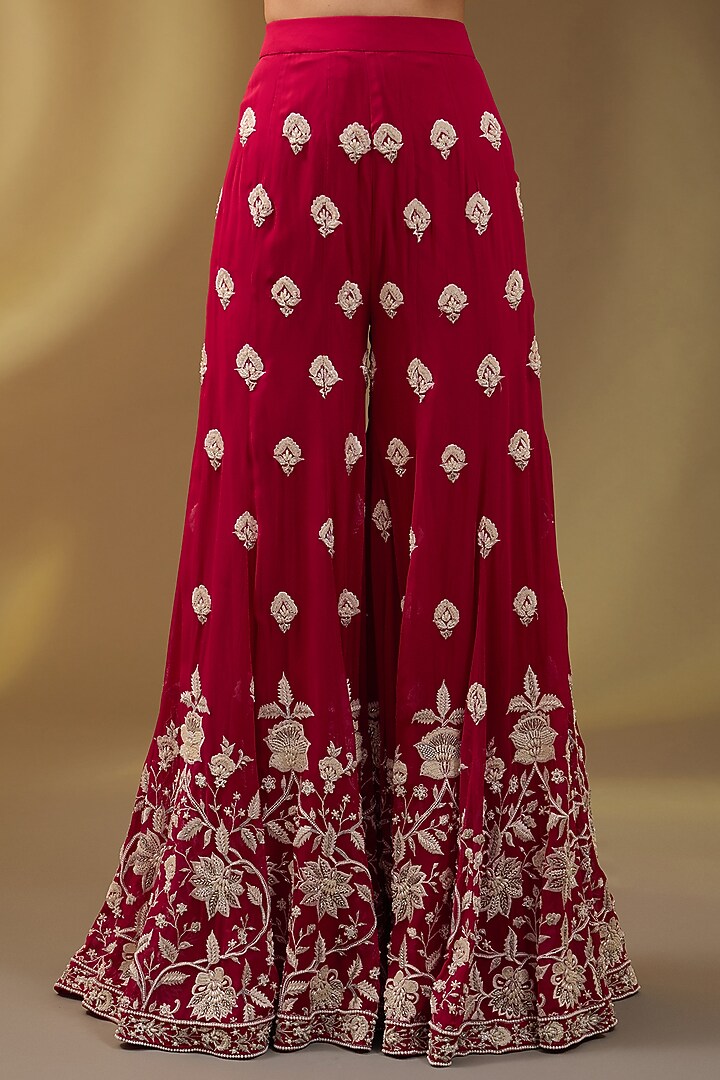Red Georgette Hand & Machine Embroidered Bridal Sharara Set by Devika Bhayana at Pernia's Pop Up Shop