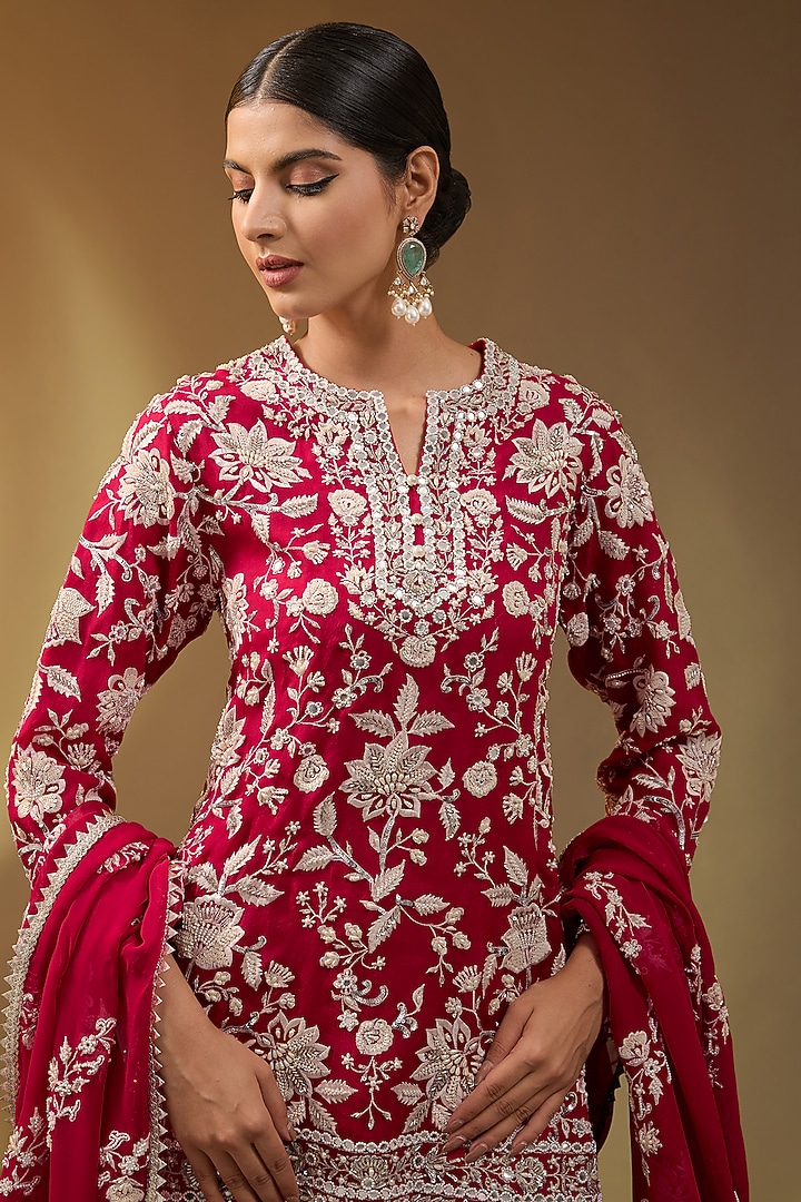 Red Georgette Hand & Machine Embroidered Bridal Sharara Set by Devika Bhayana at Pernia's Pop Up Shop