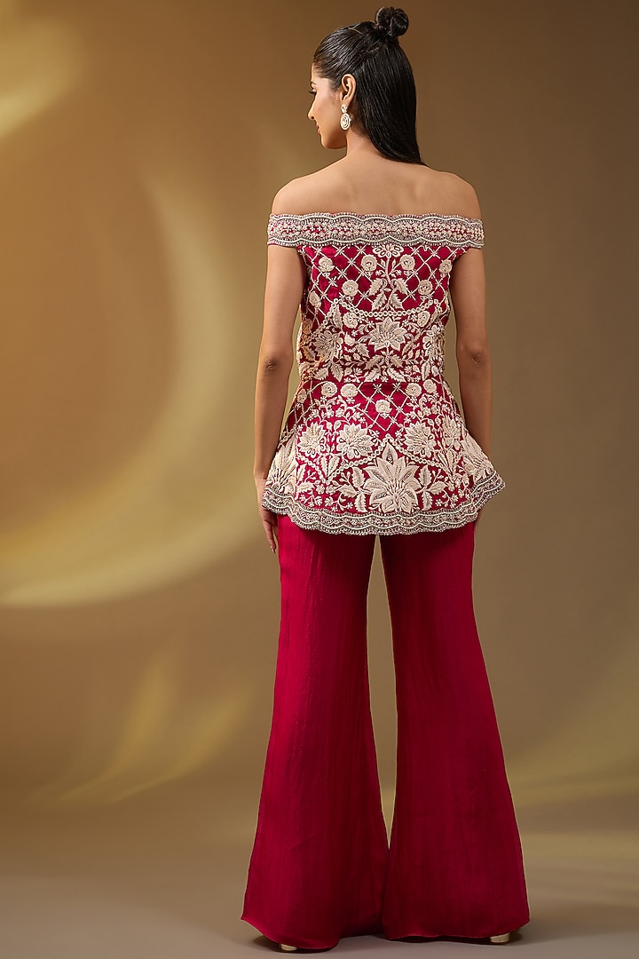 Red Organza Hand & Machine Embroidered Jacket Set by Devika Bhayana at Pernia's Pop Up Shop