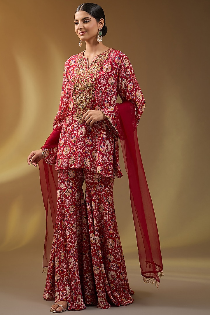 Red Crepe Floral Printed Sharara Set by Devika Bhayana at Pernia's Pop Up Shop