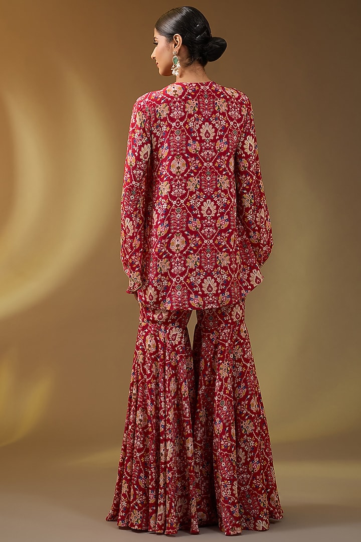 Red Crepe Floral Printed Wedding Sharara Set by Devika Bhayana at Pernia's Pop Up Shop