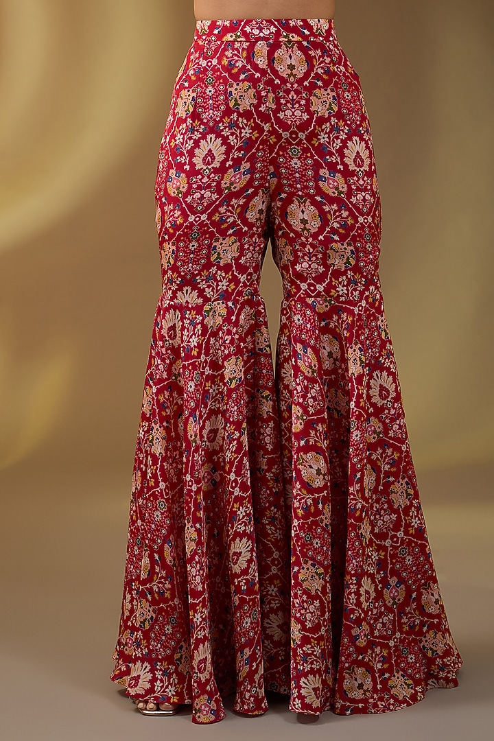 Red Crepe Floral Printed Wedding Sharara Set by Devika Bhayana at Pernia's Pop Up Shop