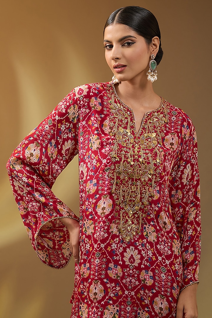 Red Crepe Floral Printed Wedding Sharara Set by Devika Bhayana at Pernia's Pop Up Shop
