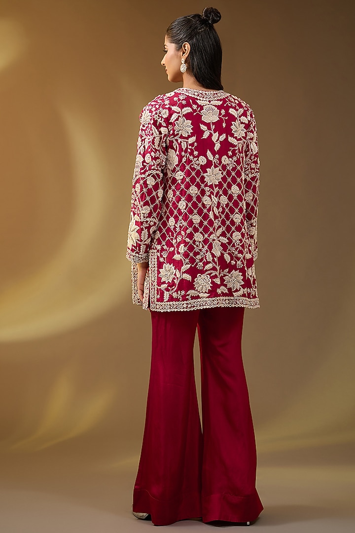 Red Organza Hand & Machine Embroidered Jacket Set by Devika Bhayana at Pernia's Pop Up Shop