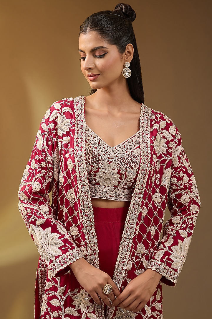 Red Organza Hand & Machine Embroidered Jacket Set by Devika Bhayana at Pernia's Pop Up Shop