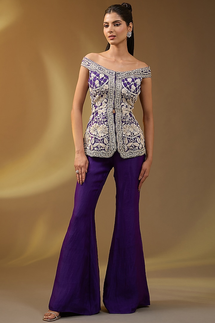 Purple Organza Hand & Machine Embroidered Jacket Set by Devika Bhayana at Pernia's Pop Up Shop