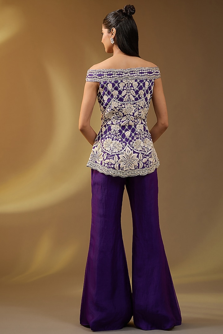 Purple Organza Hand & Machine Embroidered Jacket Set by Devika Bhayana at Pernia's Pop Up Shop