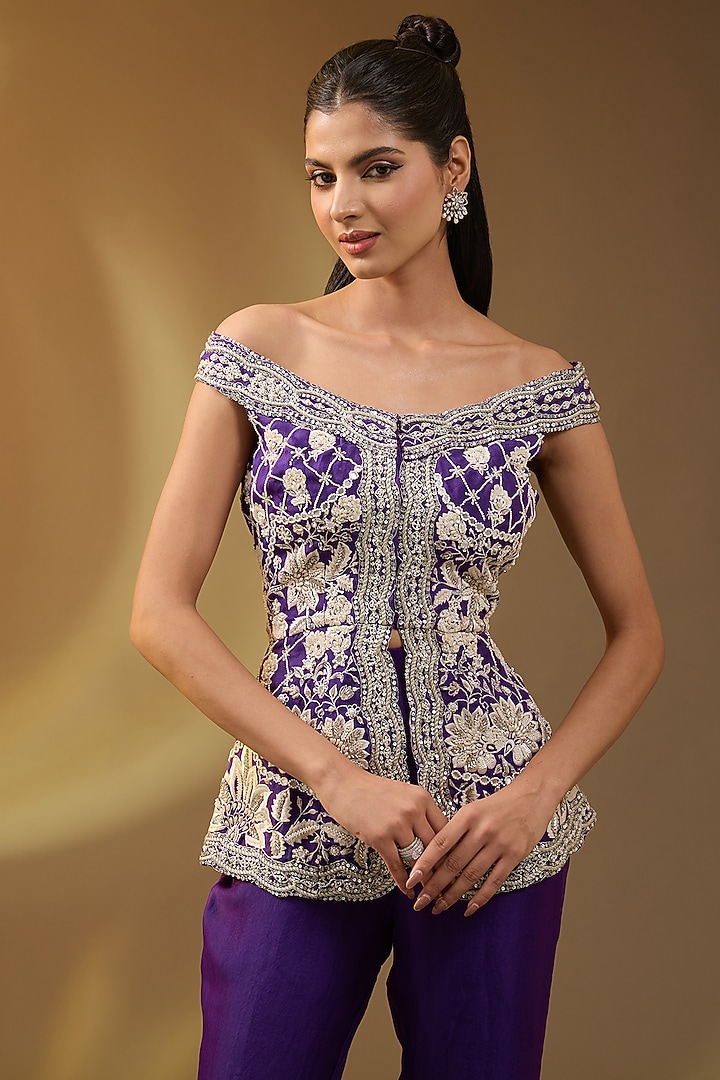 Purple Organza Hand & Machine Embroidered Jacket Set by Devika Bhayana at Pernia's Pop Up Shop