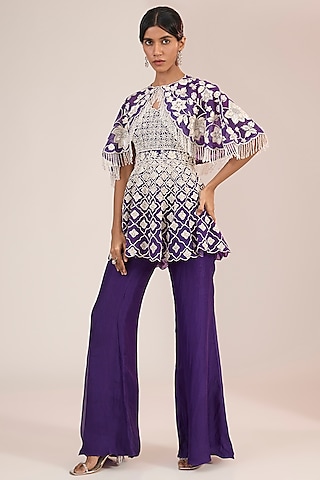 Purple Net Hand & Machine Embroidered Cape Set by Devika Bhayana