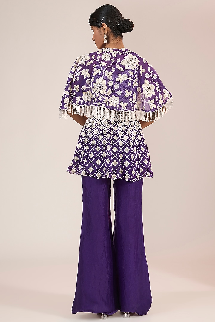 Purple Net Hand & Machine Embroidered Cape Set by Devika Bhayana at Pernia's Pop Up Shop