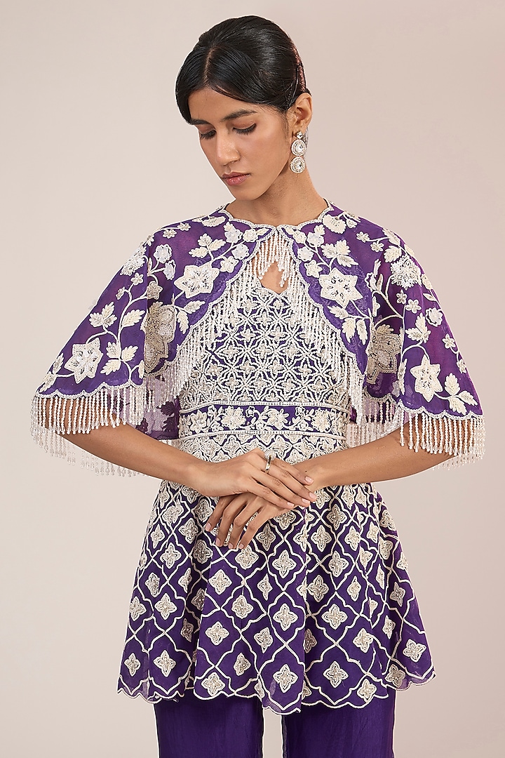 Purple Net Hand & Machine Embroidered Cape Set by Devika Bhayana at Pernia's Pop Up Shop