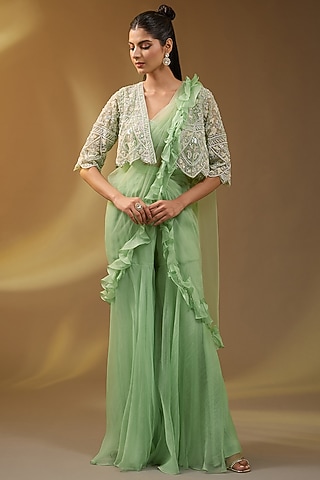 Green Net Hand & Machine Embroidered Sharara Jacket Saree Set by Devika Bhayana