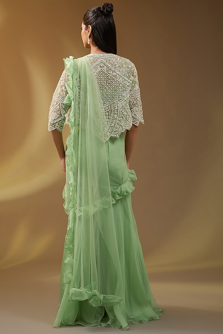 Green Net Hand & Machine Embroidered Sharara Jacket Reception Saree Set by Devika Bhayana at Pernia's Pop Up Shop