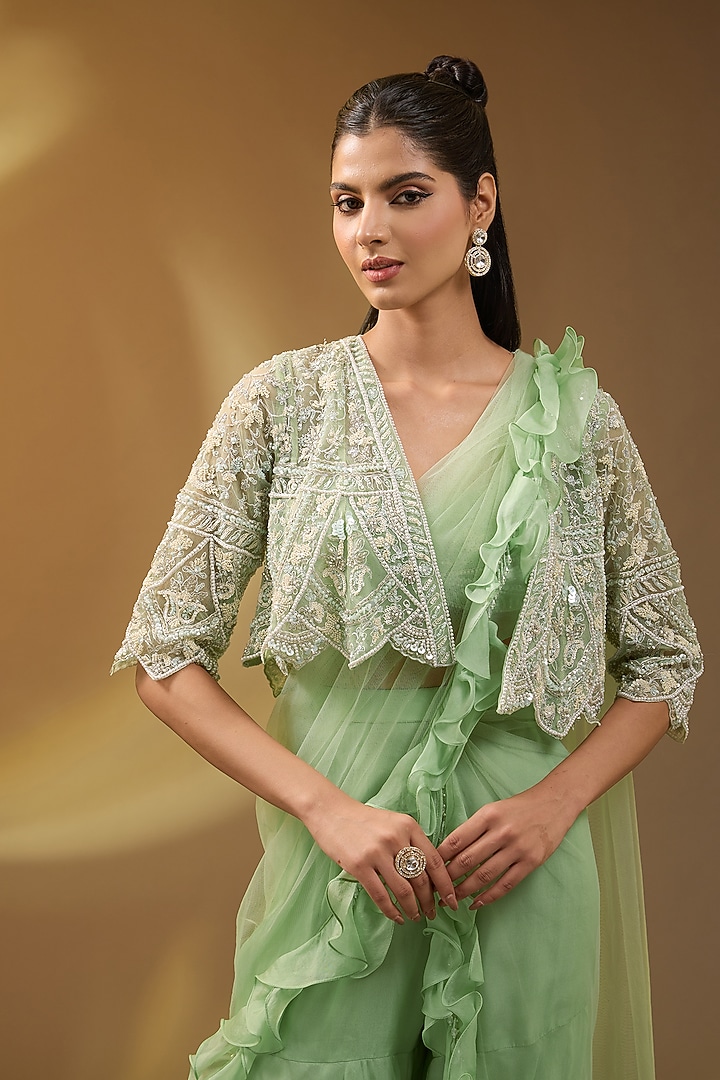 Green Net Hand & Machine Embroidered Sharara Jacket Reception Saree Set by Devika Bhayana at Pernia's Pop Up Shop