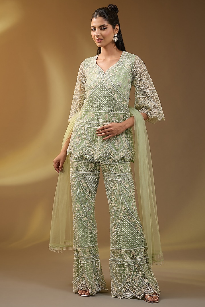 Green Net Hand & Machine Embroidered Bootleg Pant Set by Devika Bhayana at Pernia's Pop Up Shop