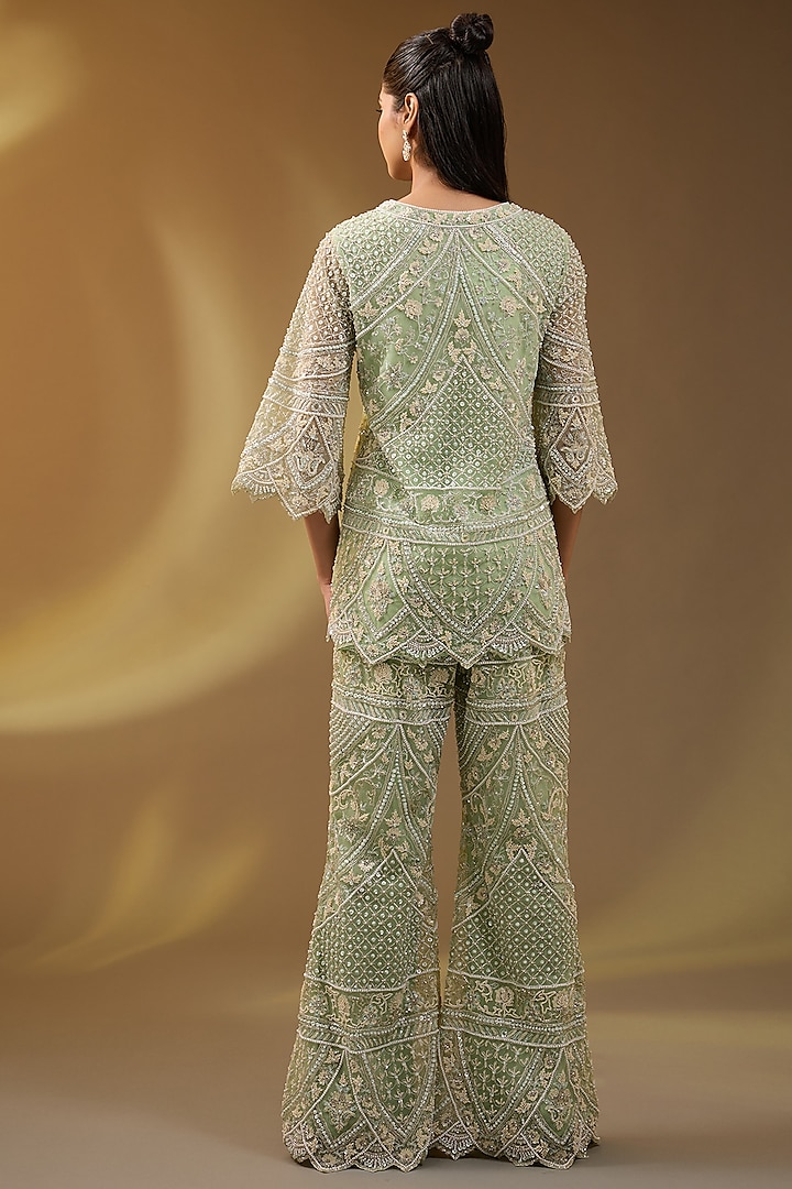 Green Net Hand & Machine Embroidered Bootleg Pant Set by Devika Bhayana at Pernia's Pop Up Shop