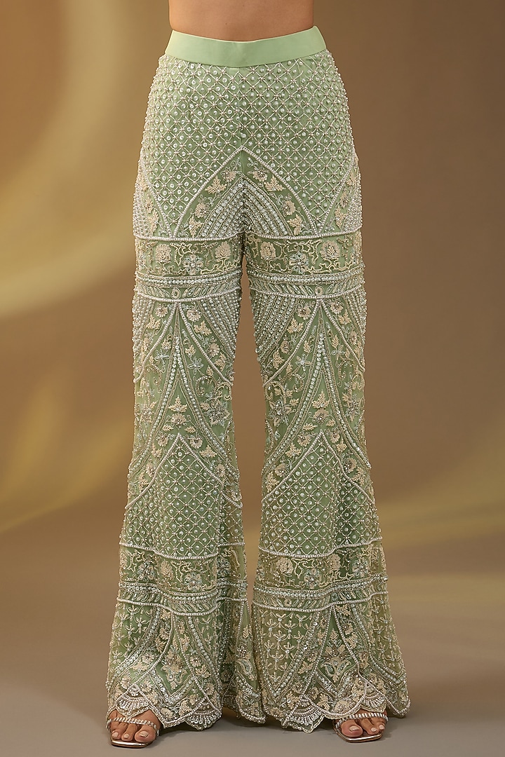 Green Net Hand & Machine Embroidered Bootleg Pant Set by Devika Bhayana at Pernia's Pop Up Shop