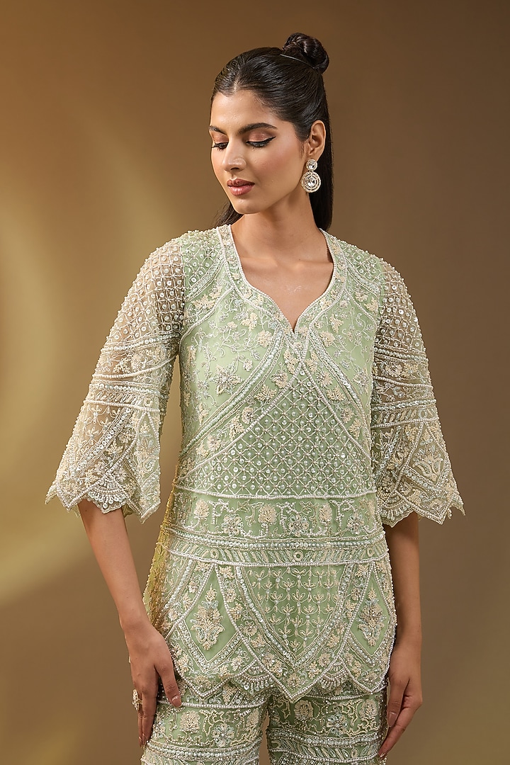 Green Net Hand & Machine Embroidered Bootleg Pant Set by Devika Bhayana at Pernia's Pop Up Shop