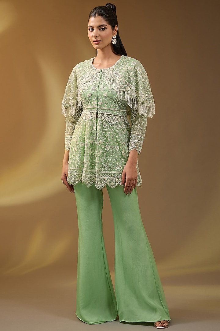 Green Organza Bootleg Pant Set by Devika Bhayana at Pernia's Pop Up Shop