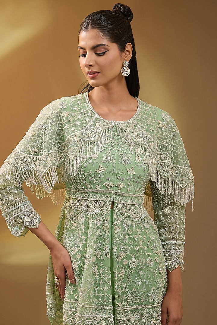 Green Organza Bootleg Pant Set by Devika Bhayana at Pernia's Pop Up Shop