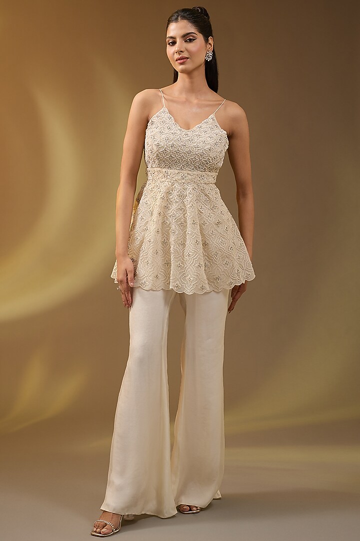 Ivory Net Hand & Machine Embroidered Cape Set by Devika Bhayana at Pernia's Pop Up Shop