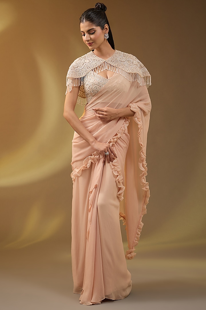 Beige Georgette Ruffled Saree Set by Devika Bhayana at Pernia's Pop Up Shop