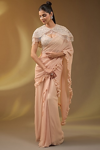 Beige Georgette Ruffled Saree Set by Devika Bhayana