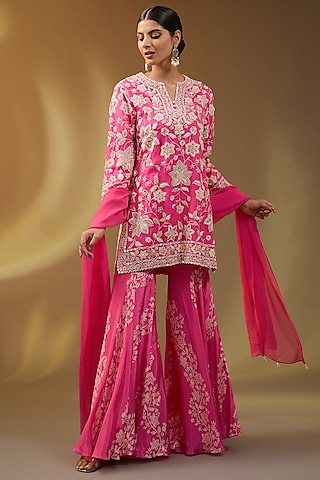 Pink Crepe Floral Printed Sharara Set by Devika Bhayana