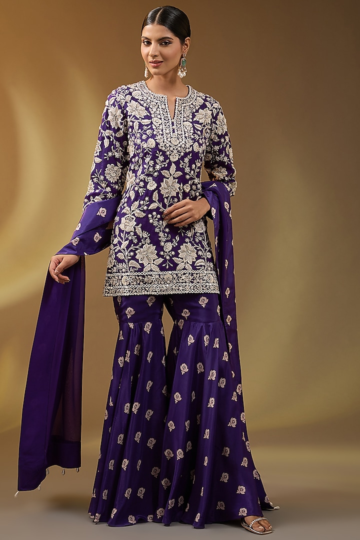 Purple Crepe Boota Printed Sharara Set by Devika Bhayana at Pernia's Pop Up Shop