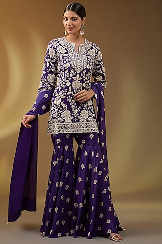 Purple Crepe Boota Printed Sharara Set by Devika Bhayana