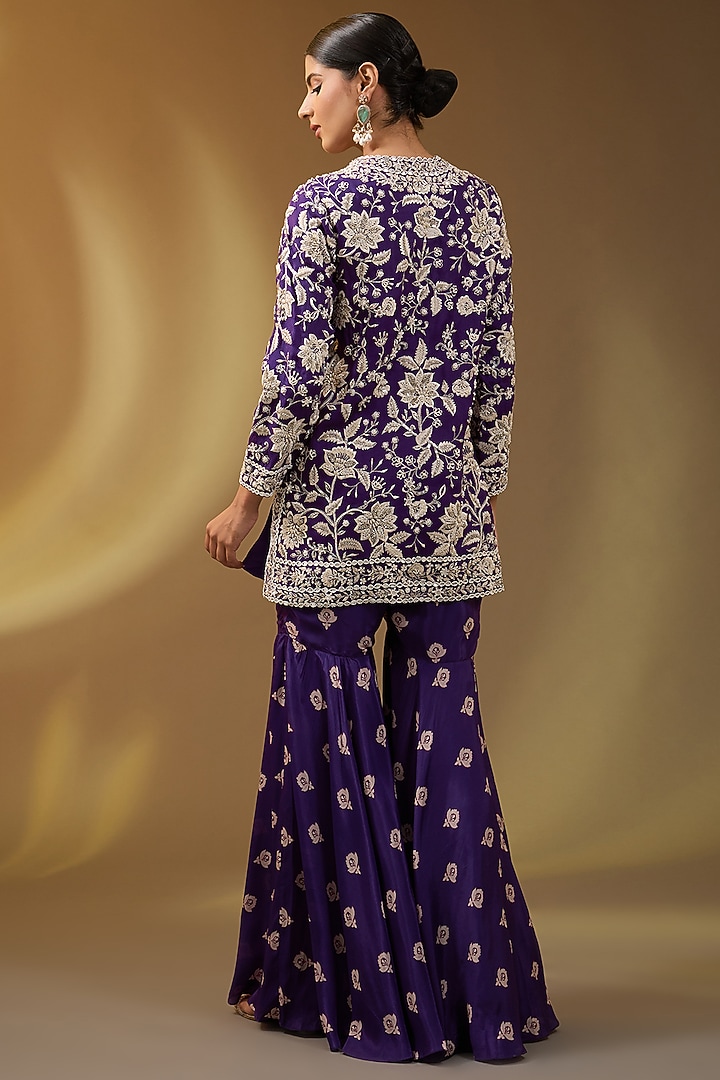 Purple Crepe Boota Printed Wedding Sharara Set by Devika Bhayana at Pernia's Pop Up Shop