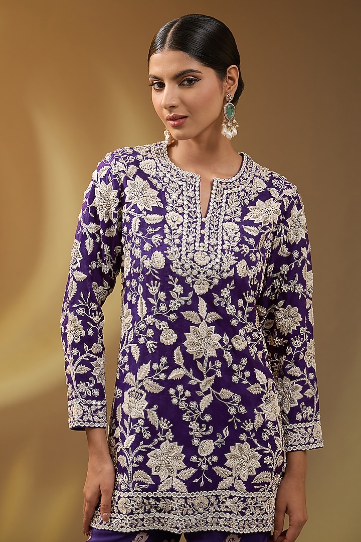 Purple Crepe Boota Printed Wedding Sharara Set by Devika Bhayana at Pernia's Pop Up Shop