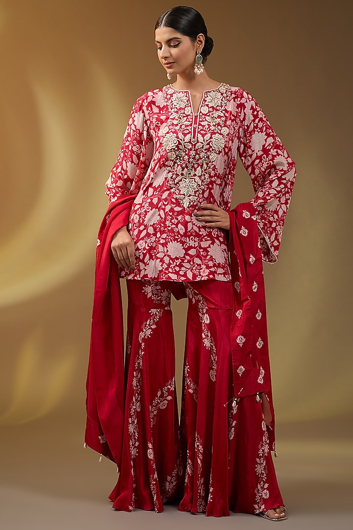 Red Crepe Floral Printed Sharara Set by Devika Bhayana at Pernia's Pop Up Shop