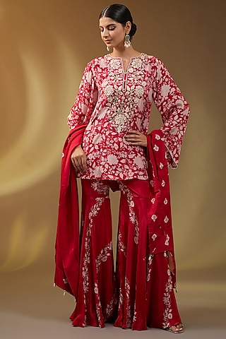Red Crepe Floral Printed Sharara Set by Devika Bhayana